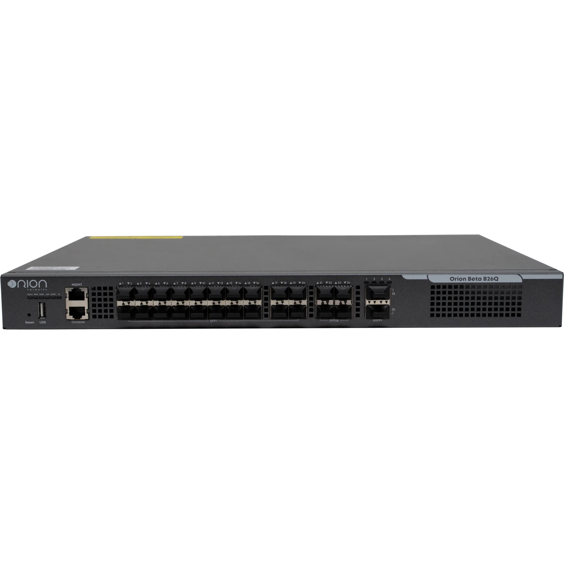 Управляемый коммутатор уровня 3 Orion Beta B26Q, 20x 1/10GE SFP+, 4x 10/25GE SFP28, 2x 40GE QSFP+, 2 слота для Hot Swap БП, не входят в комплект